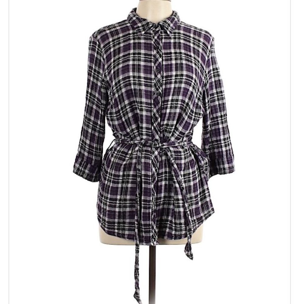 Torrid Plaid Button Up 3/4 Sleeve Tie Belt Top 0X